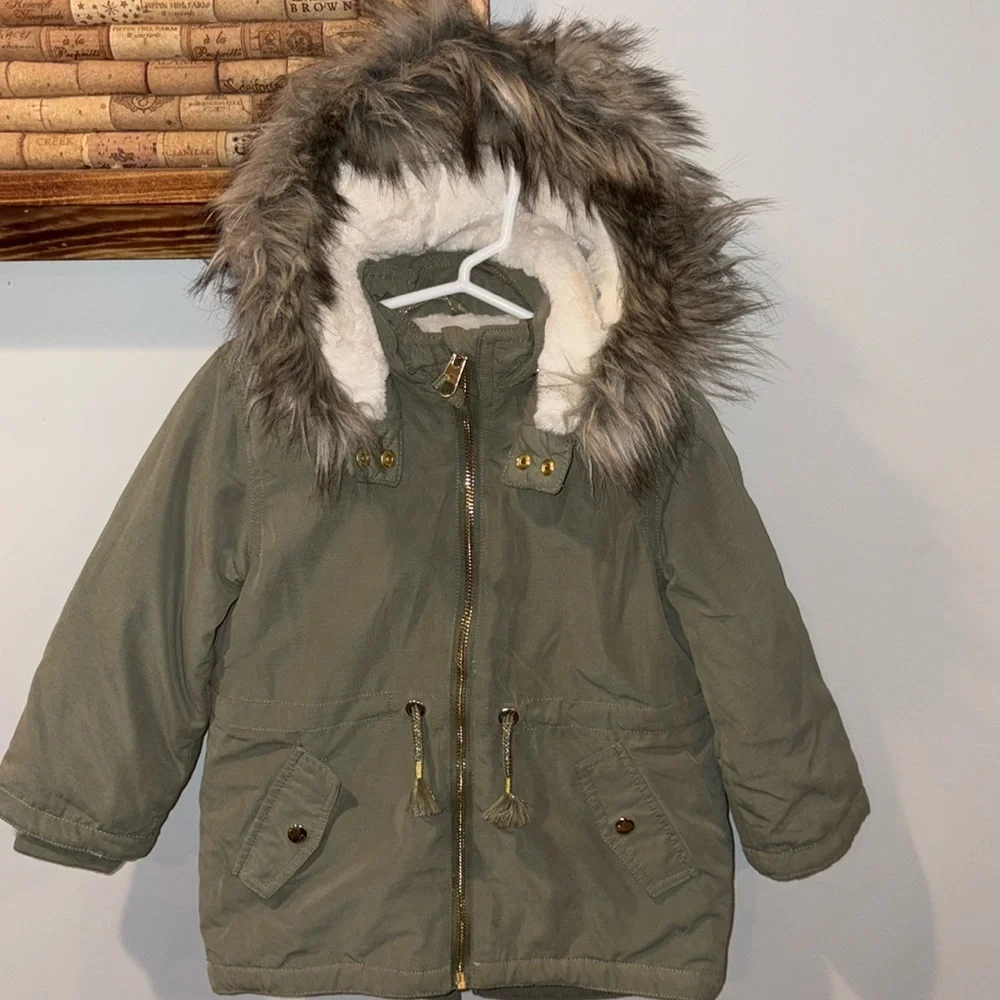 H&M Toddler Hooded Padded Parka w/Faux Fur Trim Size 3-4 Olive Green/Cream NWOT